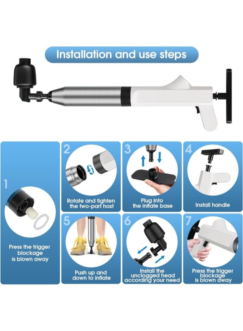 9PCS Toilet Air Plunger Kit, Stainless Steel High Pressure Drain Blaster, Pipe Clog Remover for Bathroom Sink Kitchen Toilet Blocked Pipes (White) - Image 3